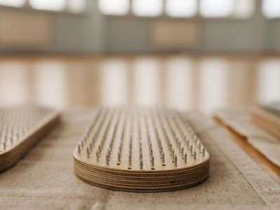 Close-up of yoga equipment like blocks and a strap on a wooden floor.